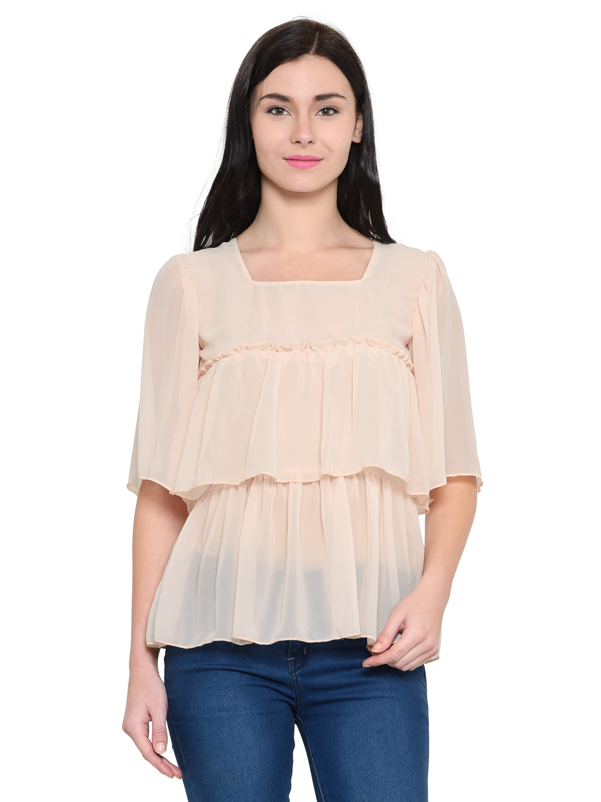 Square neck short sleeves ruffle top